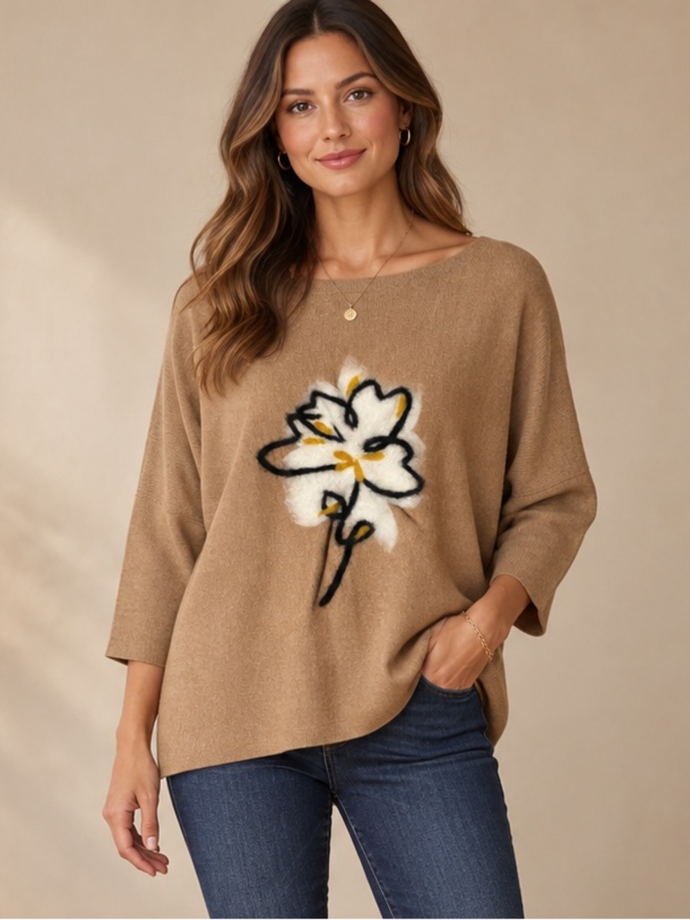 Cozy Floral Crewneck Sweater in Camel